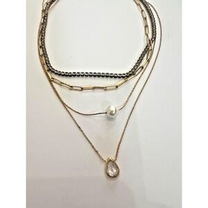 Serefina Gold Tone Multi Chain Necklace Rhinestone Pearl Crystal Layered Boho